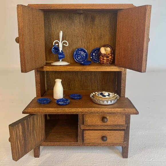 Miniature Dollhouse Furniture Hutch Other - Dollhouse Miniature Wood Hutch Cabinet Handmade Blue Enamel Mugs Plates Milk Pie